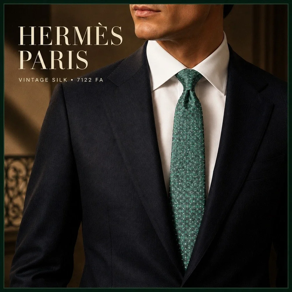 Vintage Hermès 7122 FA Green Geometric 100% Silk Tie Made in France